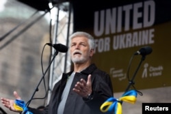 Czech President Petr Pavel speaks during a protest to mark the three-year anniversary of the Russian invasion of Ukraine, in Prague in February.